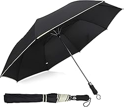 WEXUS Big Automatic Umbrella, Large Size 56-inch Coverage, 8 Reinforced Ribs, Reflective Stripe, Black Umbrella for Men, 3 Fold with Stripe Travel Rain, Windproof & Waterproof Folding