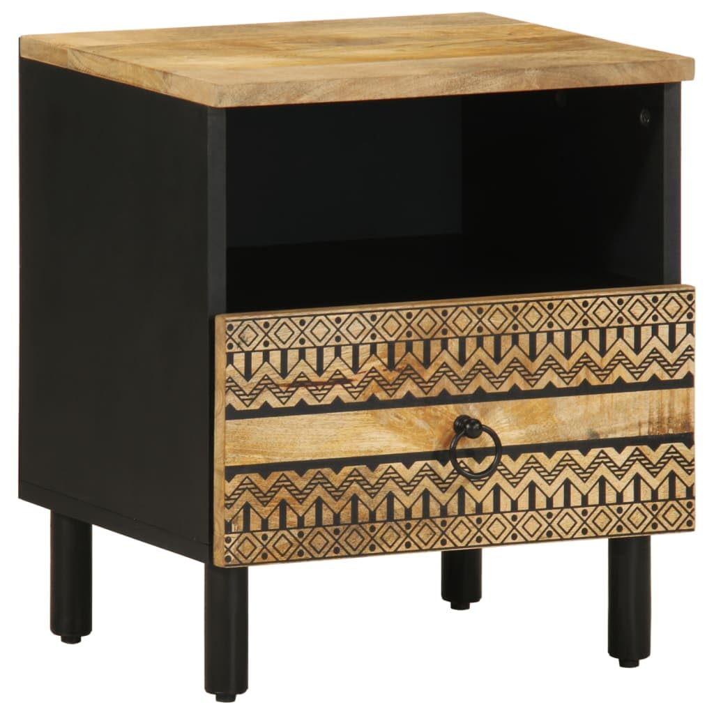 Table de Chevet Noir Design Industriel en Bois Massif avec Tiroir