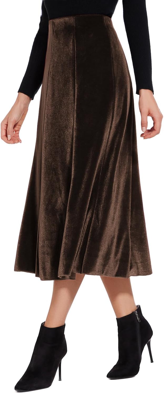 Women’s Elegant Vintage Velvet Midi Skirt Flowy 8-Panel Design - Image 6
