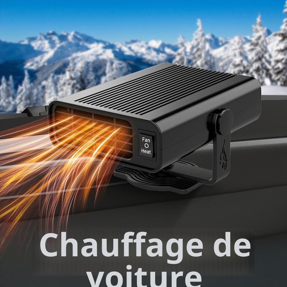 Chauffage de voiture portable 500 W 12 V - Chauffage et dégivrage de voiture 2 en 1 - Chauffage rapide et portable - Dégivrage et refroidissement de fenêtre - Rotation à 360° - Désembuage pour