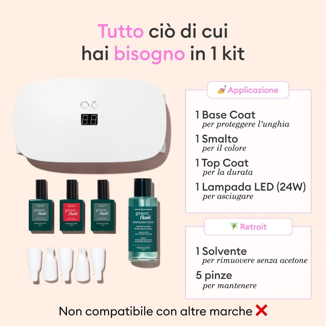 Manucurist Kit Semipermanente Unghie Rosso Poppy Red - Kit Unghie Gel Completo: Lampada UV LED Unghie Professionale 24W, Base & Top Coat, Gel Unghie, Solvente, Pinze - Idee Regalo Donna