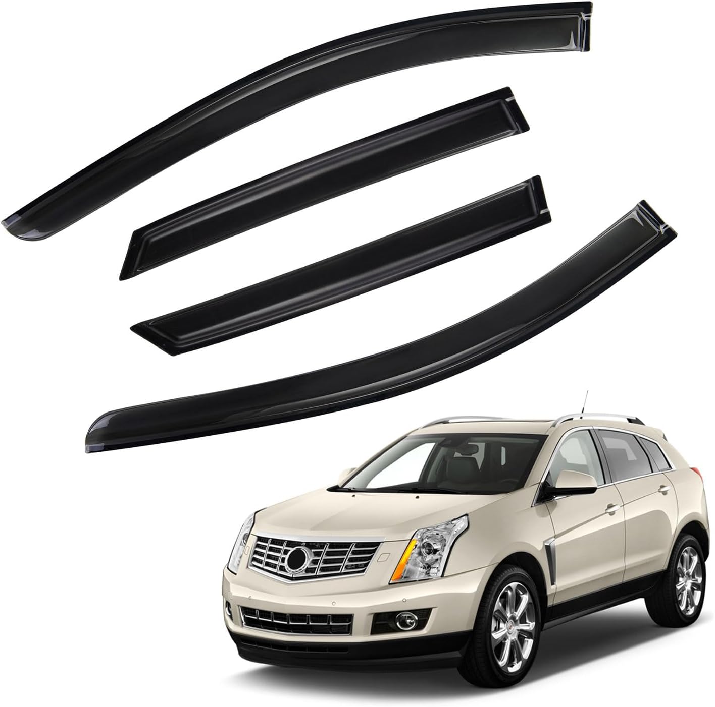 Set of 4 Window Visors Compatible with 2010-2016 Cadillac SRX, Front+Rear Smoke Tint Sun Rain Guard Vent Outside Mount Tape On Style Acrylic 4 Pcs