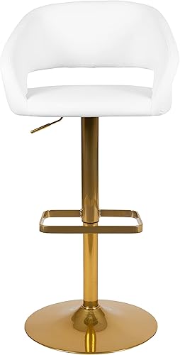 Miniatura 6 de EMMA + OLIVER Taburete de bar de vinilo blanco de altura ajustable con respaldo medio redondeado y base dorada