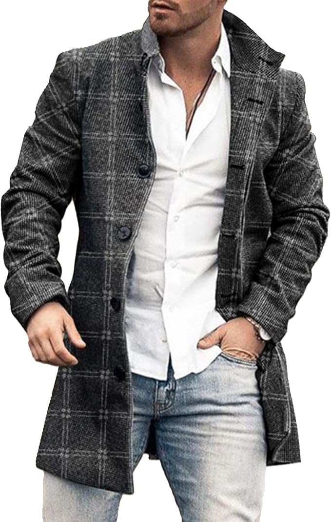Maiyifu-GJ Men's Wool Blend Coat Vintage Plaid Print Single Breasted Trench Overcoat Casual Stand Collar Windbreaker Jacket