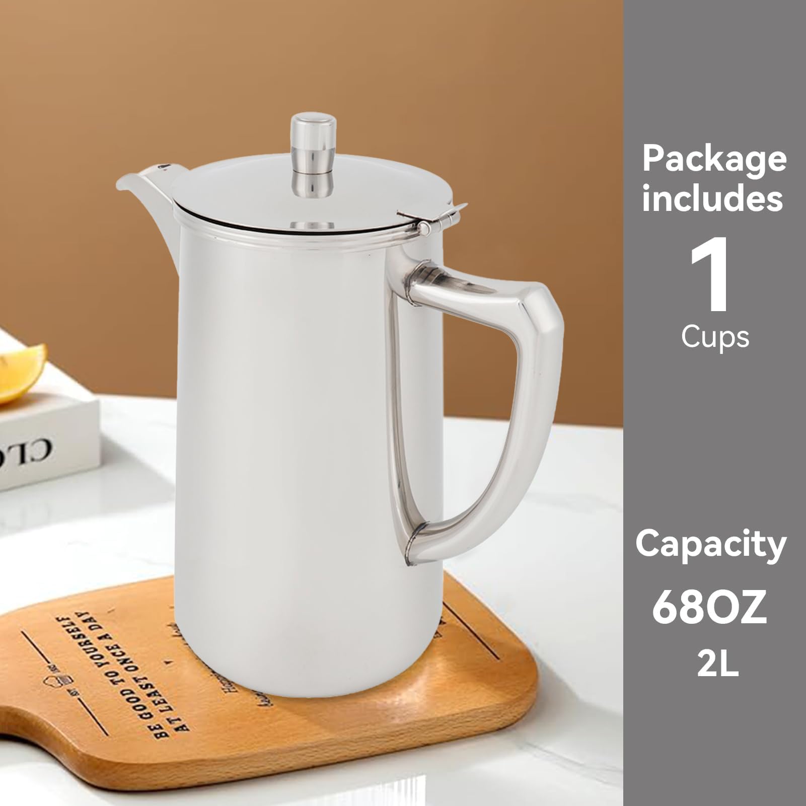 Jarra de acero inoxidable con asa, jarra de agua de 60.35 oz, 1,8 litros, hervidor de agua de gran capacidad con tapa para bebidas frías/calientes, té, leche, jugo