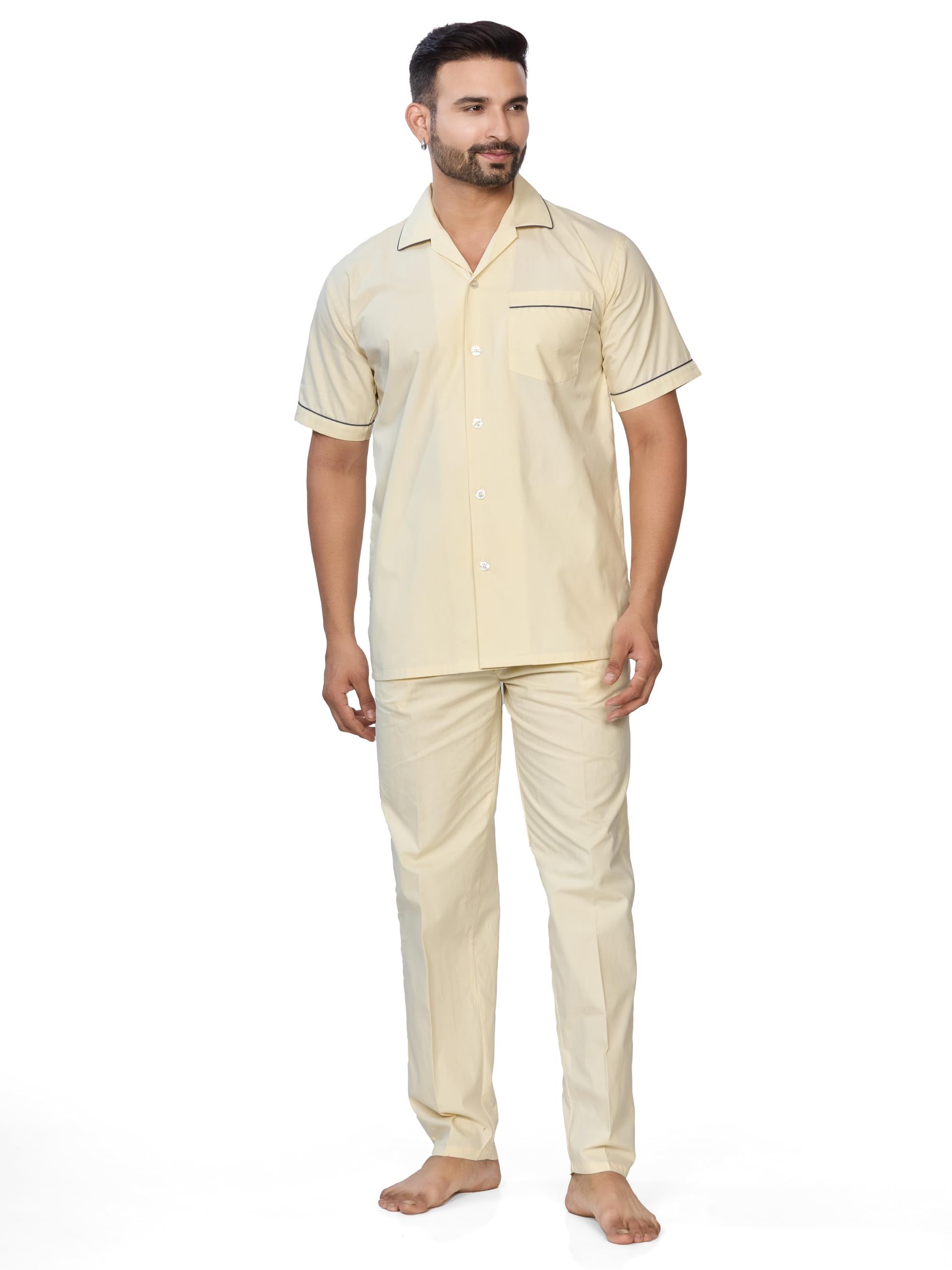 100% Cotton Mens POPLIN Nightsuit with Fully Branded Elastic 2 Pocket Pajama and Buttoned TOP