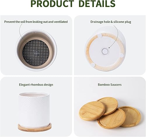Miniatura 4 de AOMRYOM Macetas pequeñas de cerámica de 4 pulgadas con orificio de drenaje y platillo, decoración moderna del hogar, maceta esmaltada para