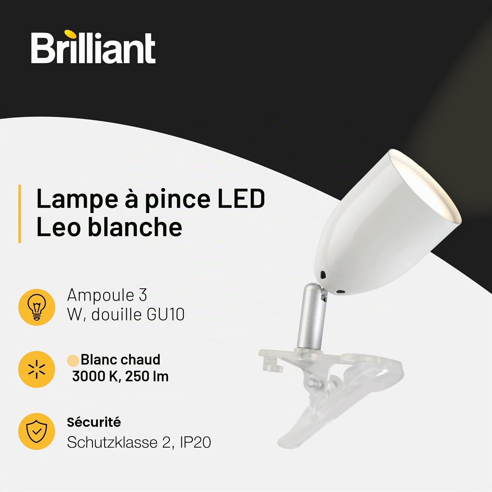 Brilliant Lampe Leo LED lampe à pince blanche | 1x LED-PAR51, GU10, ampoule LED à réflecteur 3W incluse, (300lm, 2700K) | Avec interrupteur intermédiaire à cordon [classe énergétique F]