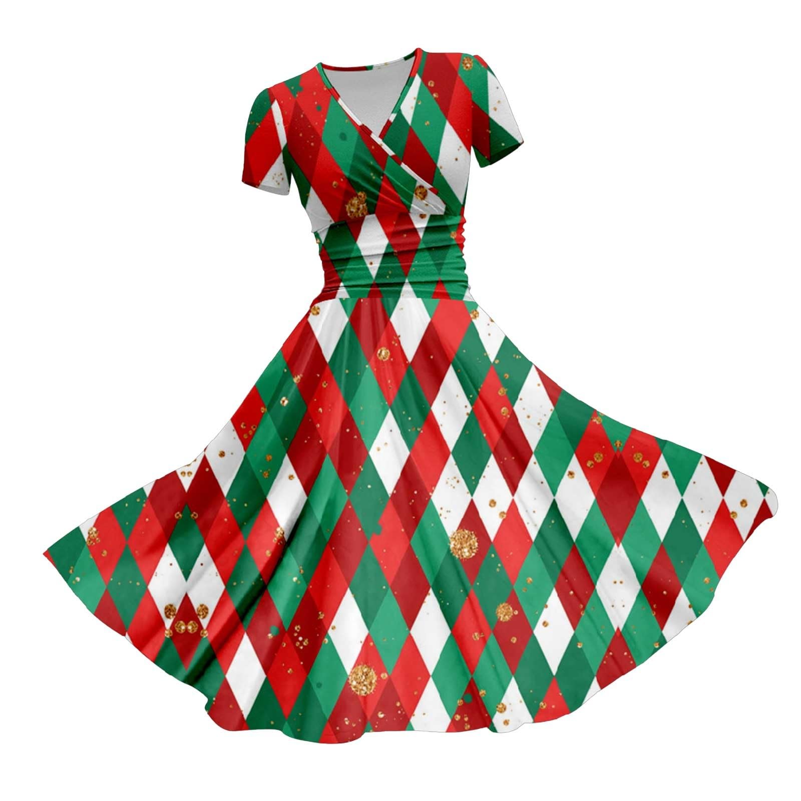 Abito da donna con stampa natalizia a V, a maniche corte, casual, elegante