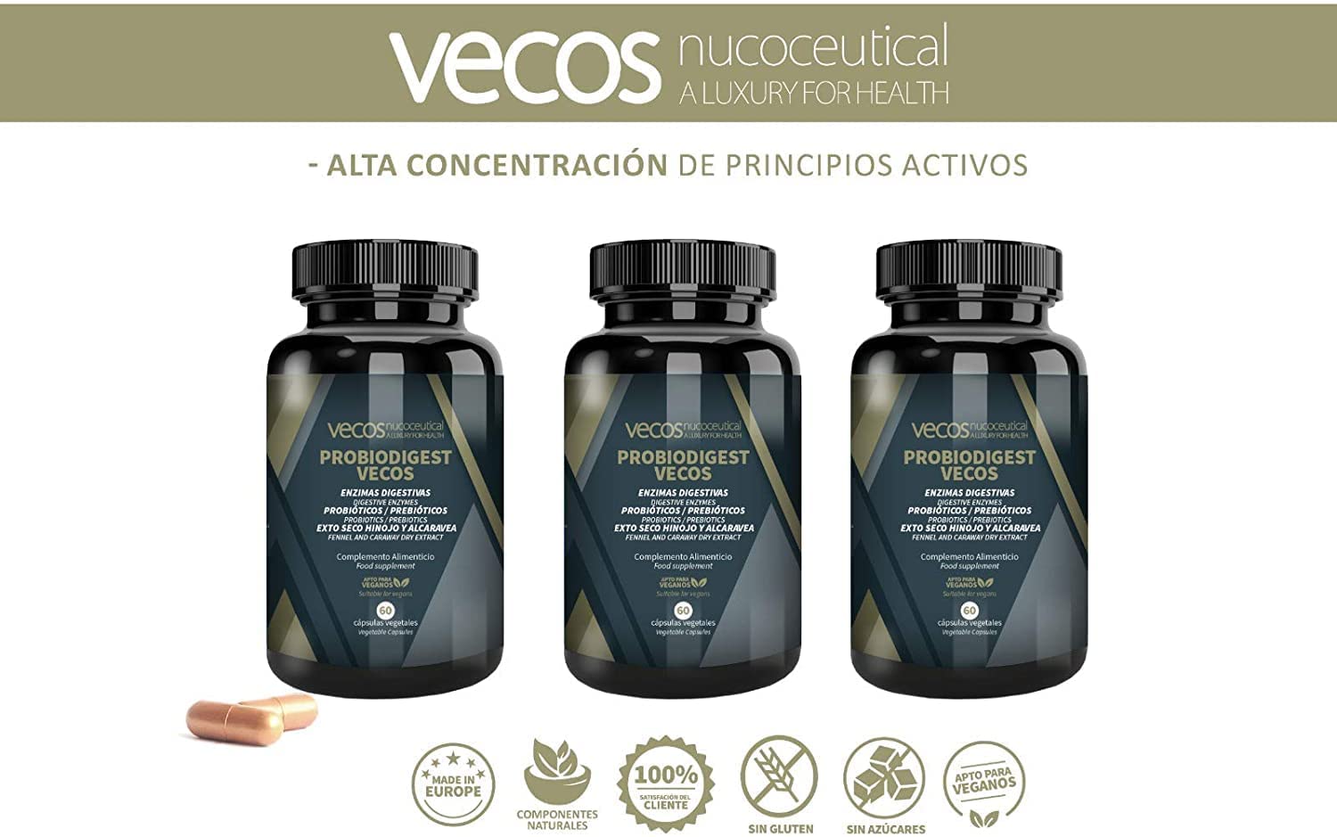 Enzimas Digestivas con Probioticos con Alta Concentración de Papaína, Bromelina y Digezyme | Probioticos y Prebioticos Intestinales para Mejorar la Digestión | Apto VEGANOS | 120 Cápsulas