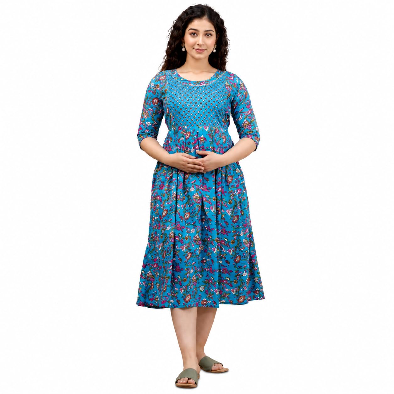 Women's Maternity Feeding Dress | Printed Anarkali Nursing Dress with Hidden Feeding Zippers | Round Neck 3/4 Sleeve Pregnancy & Breastfeeding Wear | Soft Comfortable-image-41