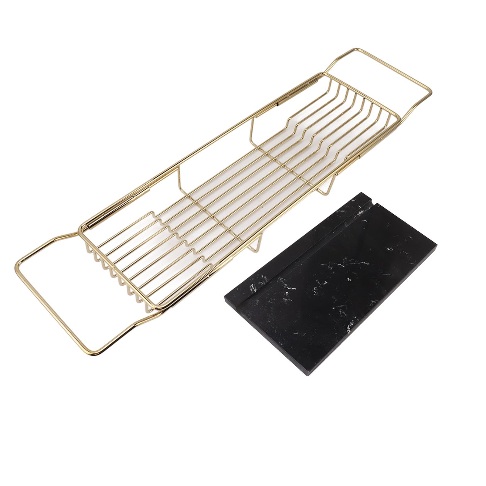 Bandeja para Bañera Expandible de Mármol y Acero Inoxidable de 27 a 41 Pulgadas, Estante de Ducha Inoxidable con Agarres de Silicona Antideslizantes, Carga de 15 Libras para Copa de Vino,