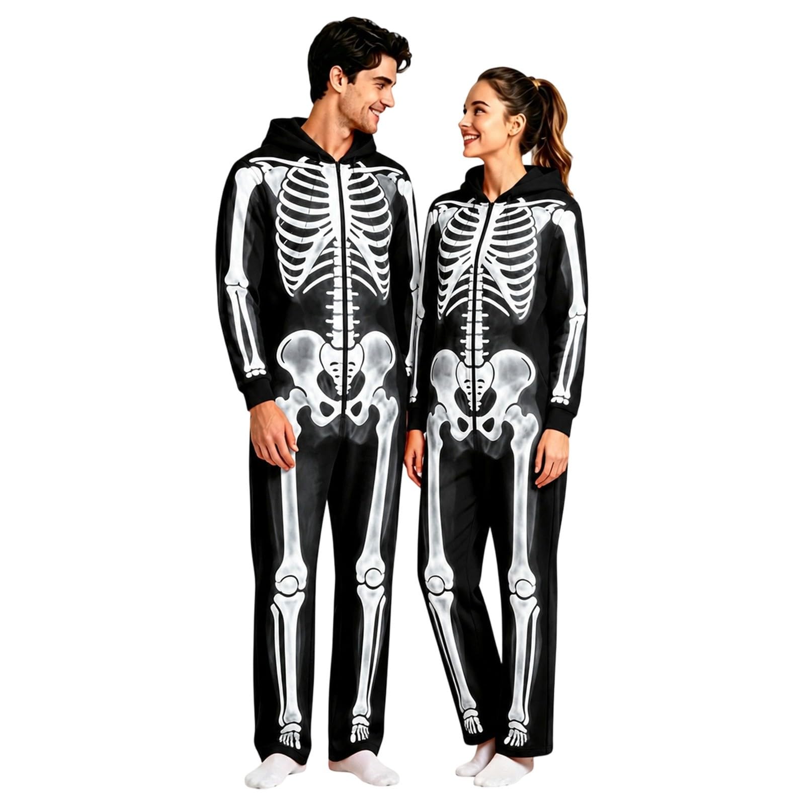 Skeleton Costume, Halloween Costumes Men Skeleton Onesie Adult Horror Skelettkostüme Zip-Up-Kapuze Hooded Jumpsuit Pyjama Nachtwäsche Homewear Fancy Dress Cosplay Kostüm