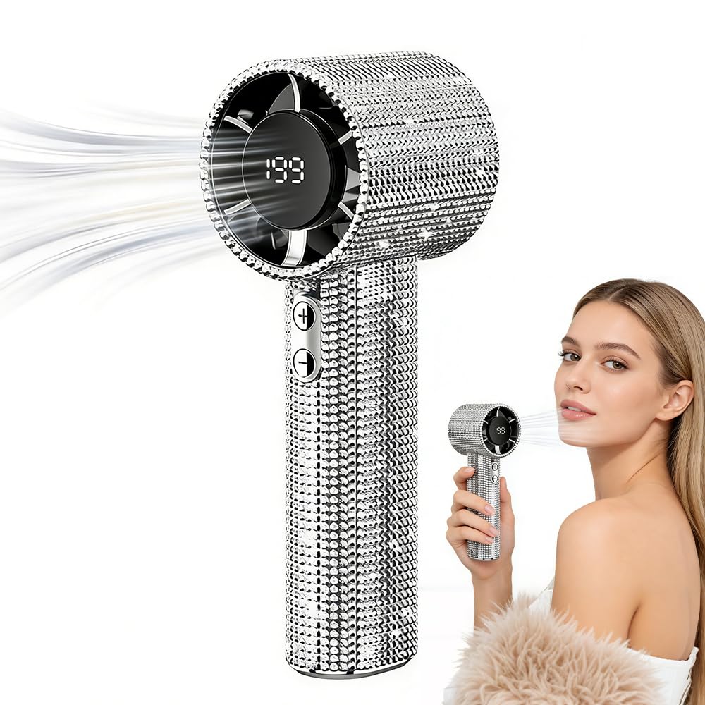 KUWUNG Handheld Fan Diamond, Portable Hand Fan with Digital Display, 5 Gear Wind, USB Rechargeable, Hand Held Fans for Home Office Bedroom Outdoor Travel Camping (Silver-White)