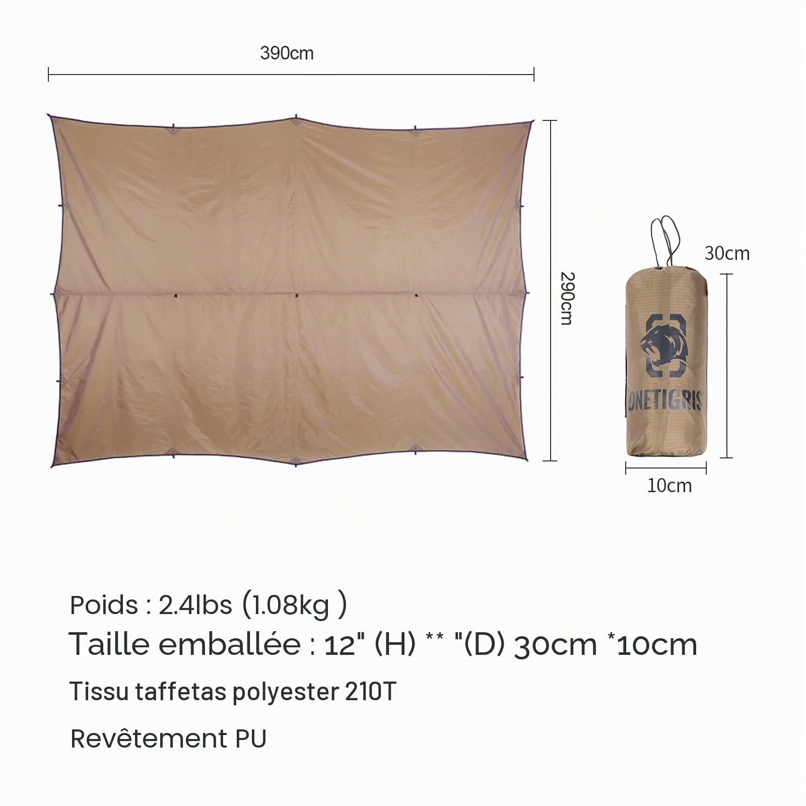 OneTigris Toile d'ombrage légère et imperméable pour le camping, la randonnée, compacte, polyvalente, durable