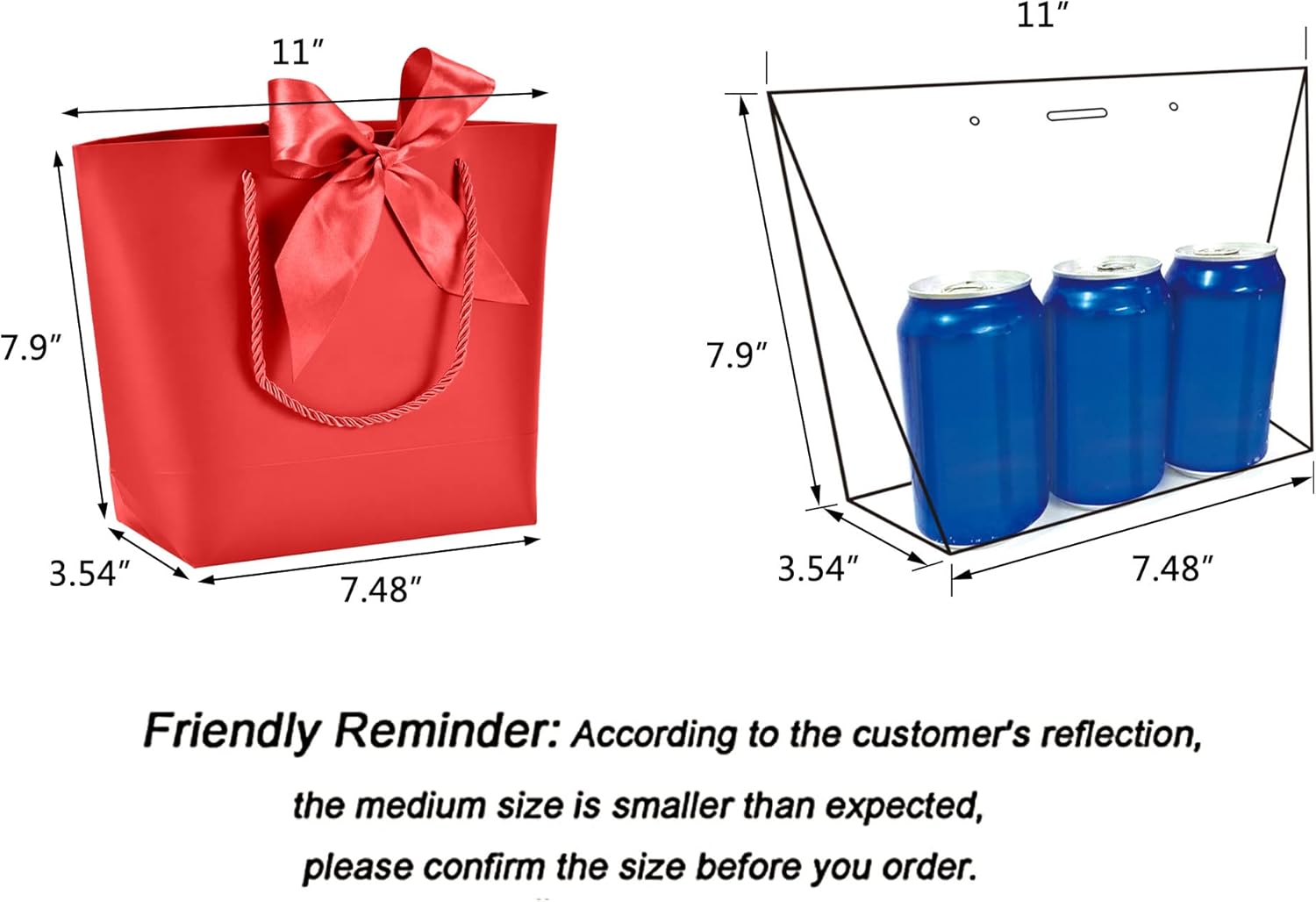 HUAPRINT Gift Bags with Handles,7.48×3.54×7.9 inches,Party Favor Bags with Bow Ribbon,12Pcs Red Paper Bags for Birthday Wedding Bridesmaid Holiday Valentine's Day - Image 2