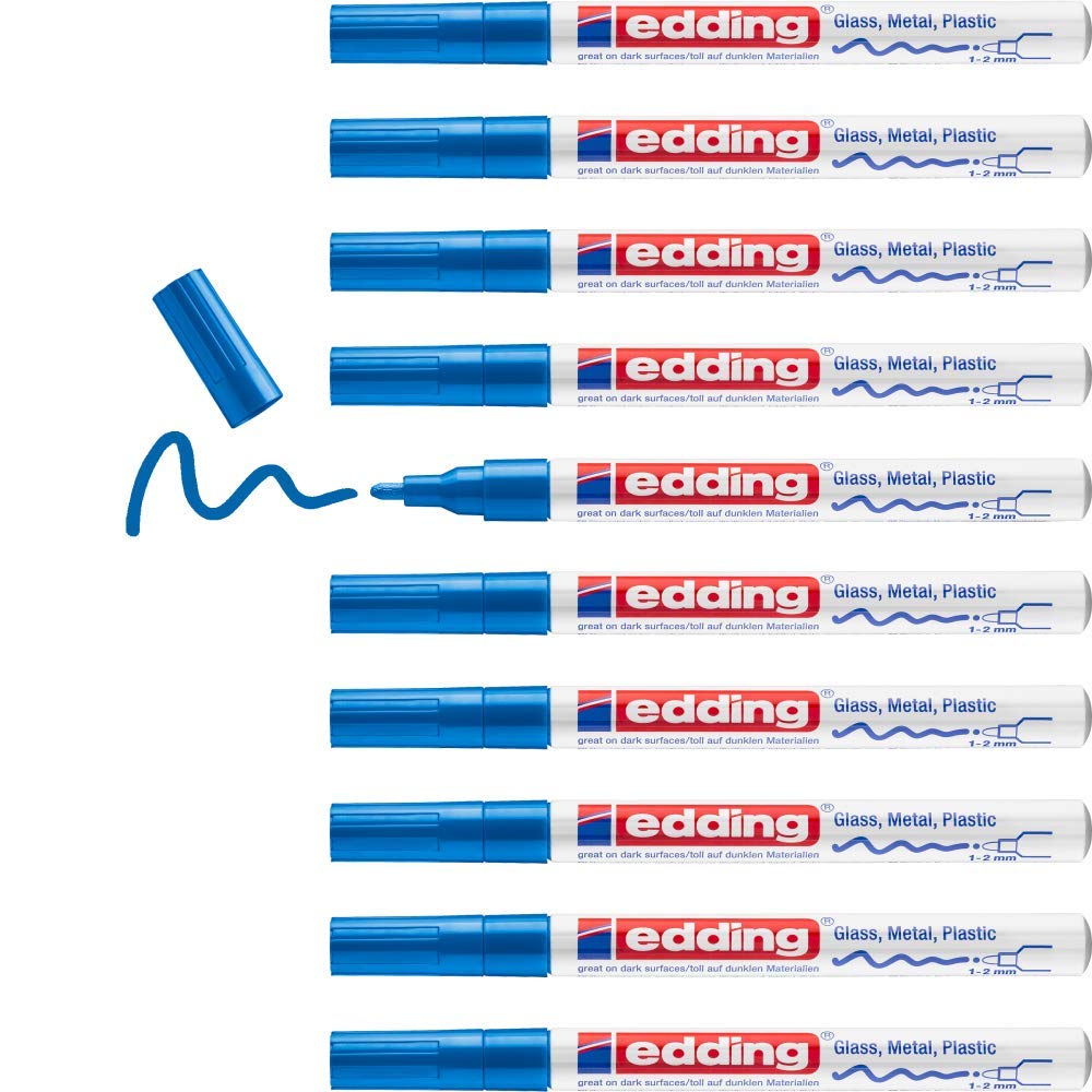 edding 751 Glanzlackmarker - blau - 10 Lackmarker - Rundspitze 1-2 mm - Lackstift für Glas, Stein, Holz, Kunststoff und Papier - wasserfest, stark deckend