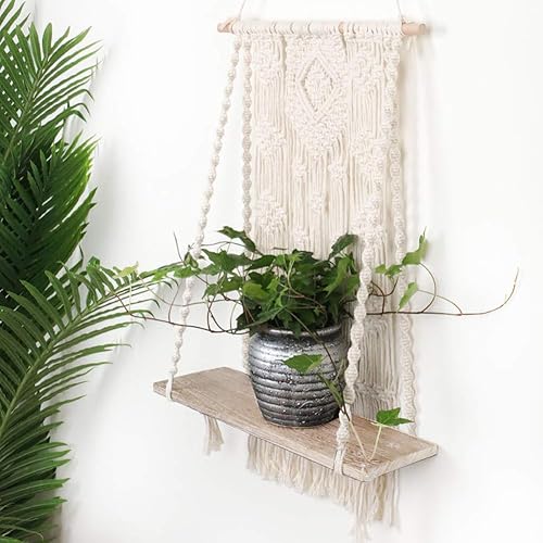 Miniatura 2 de AMIAEDU - Estante colgante de pared de macramé, hecho a mano, estilo bohemio, para interiores y macetas, colgador de cuerda para decoración de pared