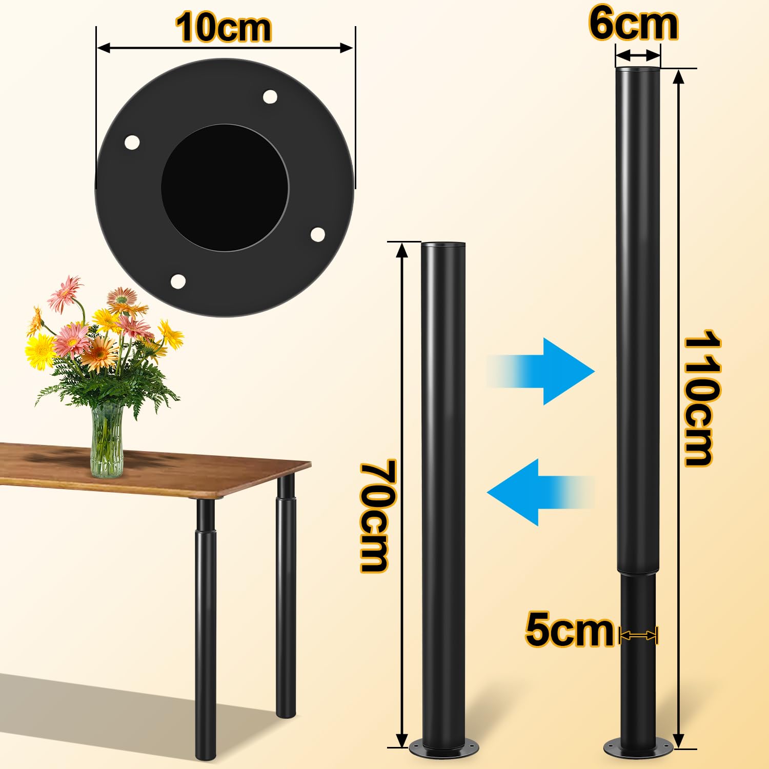 Juego de 8 patas de mesa de metal negro, altura regulable (71-110 cm) para muebles con tornillos, soporta hasta 200 kg, para sofás, patas de muebles, escritorios