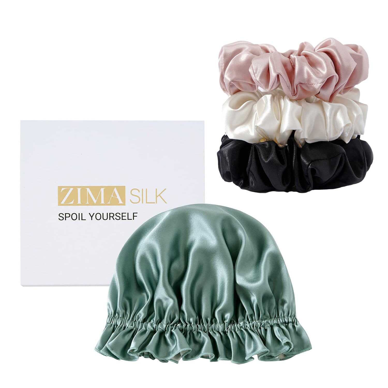 ZIMASILK22MM Mulberry Silk Large Scrunchies（3 Packs） & 19MM Double-lined Mulberry Silk Bonnet for Women Hair Care,100% Pure Mulberry Silk