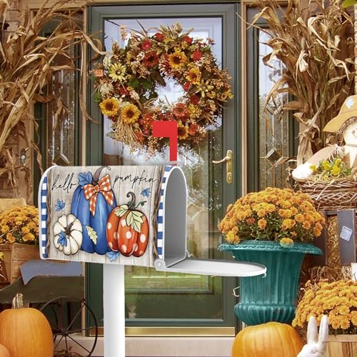 Image of Fall Hello Pumpkin Welcome Mailbox Cover Magnetic Standard Size 21 inch x 19 inch, Blue Autumn Thanksgiving Decorative Post Letter Box Wrap Decor, Plaid Farmhouse Rustic Garden Yard Outdoor Decoration