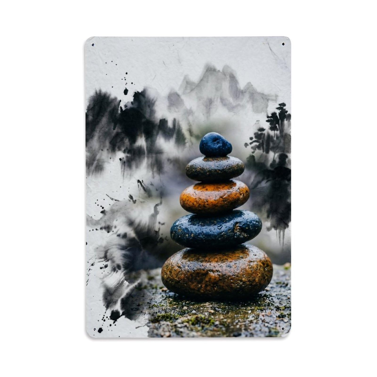 Zen Meditation Ink Wash Stone Cairn Mountain Serenity Retro Metal Tin Sign Plaque Wall Decor for Cafe, Man Cave, Club Bar, Office, Home Garden Round Metal Poster 8x12Inch