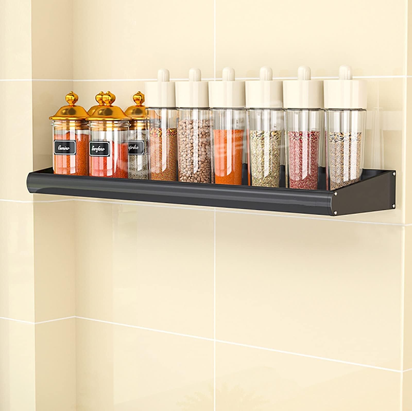 Estante de metal montado en la pared, organizador de especias que ahorra espacio para hierbas y frascos, 30 cm y 70 cm, solución de almacenamiento de cocina, color negro, perfecto para especias y