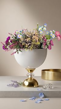 Metal Ayakl  Kristal Ta l  Dekoratif Vazo, Beyaz/Gold, 25 cm, Modern Stil, Salon ve D n Dekoru