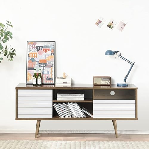 Miniatura 8 de GLOBALWAY Soporte de TV para televisores de pantalla de hasta 65 pulgadas, mesa consola de TV moderna de mediados de siglo con estantes de