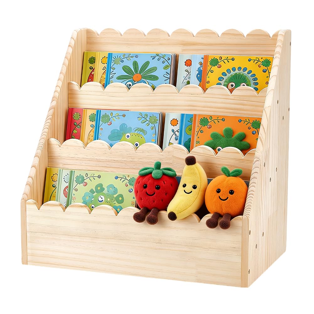 UNICRAFTALE Étagère à Livres en Bois à 3 Niveaux avec Bordure Festonnée Petite Bibliothèque en Bois 27x42x42cm de Faute Hauteur Rangement à Livres pour Tout Petits Détachable Organisateur de Bureau