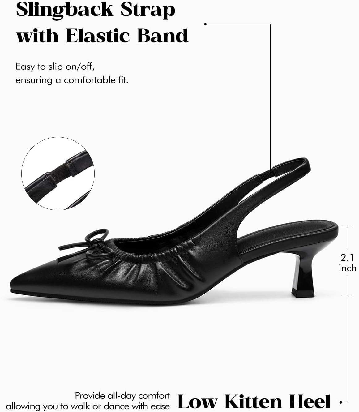 Coutgo Womens Slingback Low Kitten Heels Bow Pumps Work Party Dress Shoes | 2.1-inch Heel, Pointed Toe, Easy On/Off, Elegant, Comfort, Office, Party, Daily