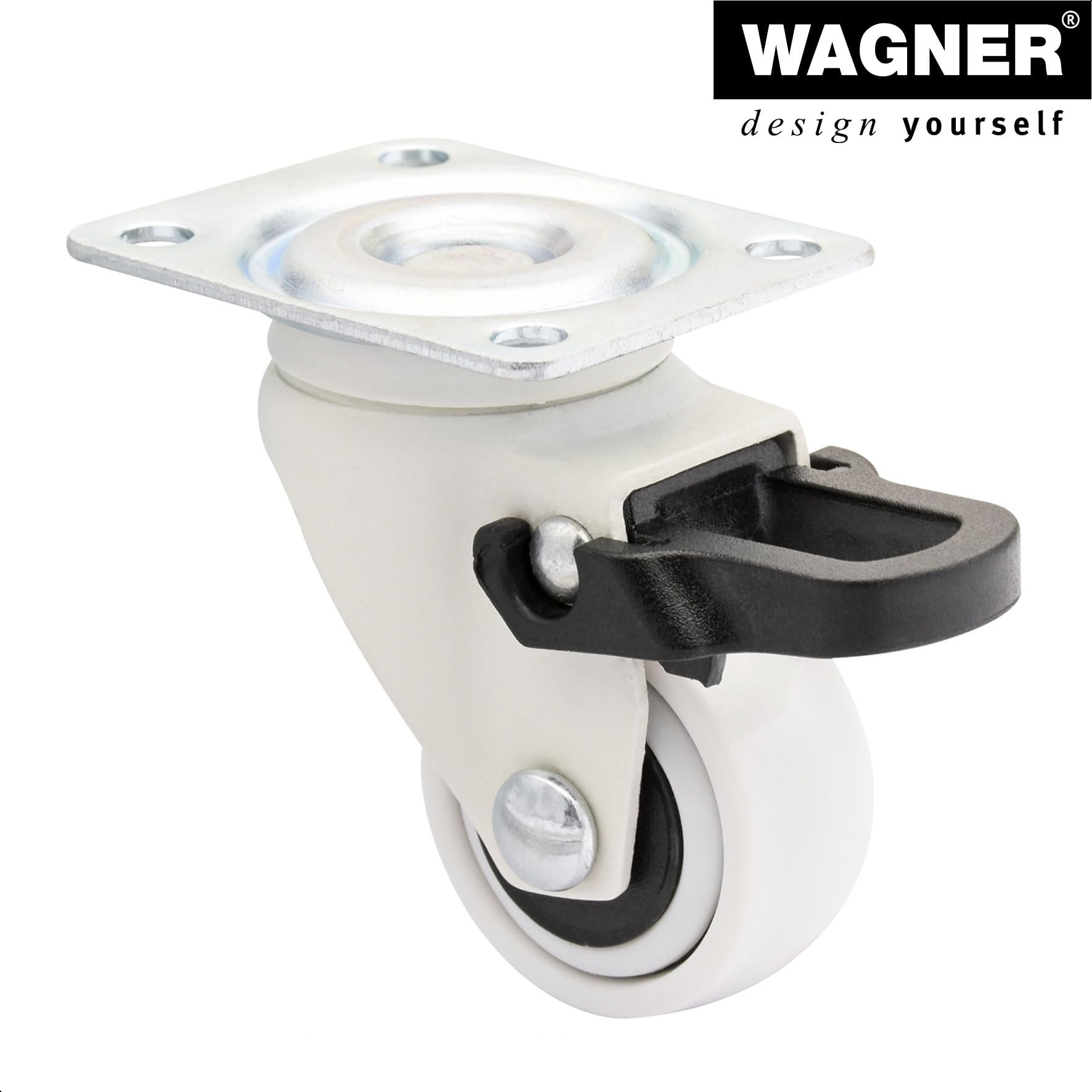 WAGNER Design - 3C - Möbelrollen 4tlg. - weiß, Softlauffläche, Durchmesser Ø 25 mm, Bauhöhe 40 mm, je 2 Rollen mit & ohne Feststeller, Anschraubplatte 30 x 40 mm, Tragkraft 12 kg/Rolle - 02222604