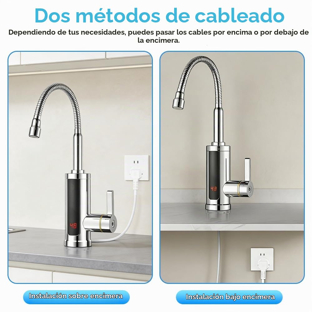 Grifo Agua Caliente Instantanea, 220V 3000W, 360° Flexible Rotación, Calentador de Agua Electrico Instantaneo con Indicador de Temperatura para Cocina Baño [Clase de Eficiencia Energética B]