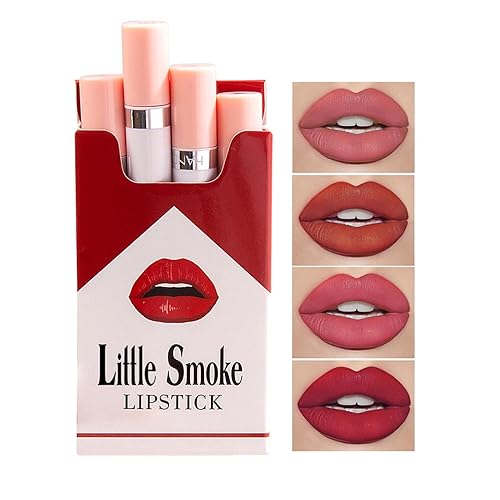 4 lápices labiales de tubo de humo pequeño para cigarrillos, brillo labial que cambia de color, juego de lápiz labial mate nude, color rojo, larga