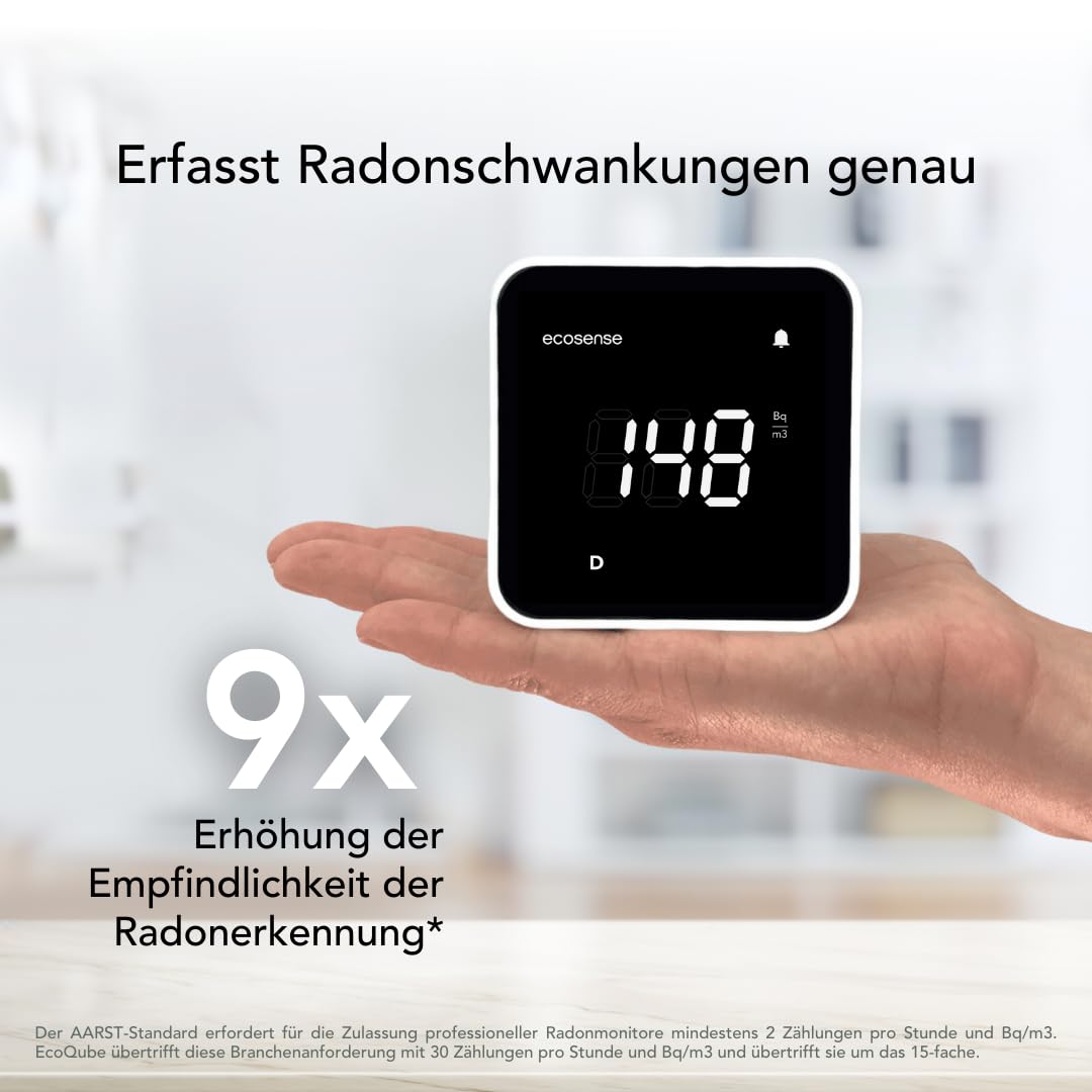 Ecosense EB100 EcoBlu, Heim-Radondetektor, Erfassung und Anzeige von Ergebnissen alle 10 Minuten, kurz- und langfristige, kontinuierliche Überwachung, einfach zu bedienen