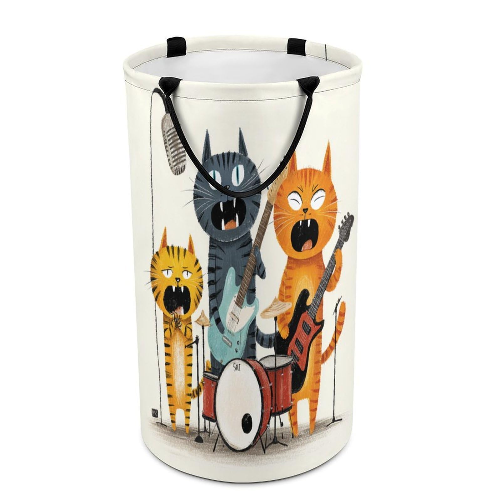 LUYYSKY Cute Modern Kittens Bands Versatile Storage Laundry Basket, Colorful Cartoon Music Theme Animals Cats Pattern Large Capacity Bathroom Hamper With Handle
