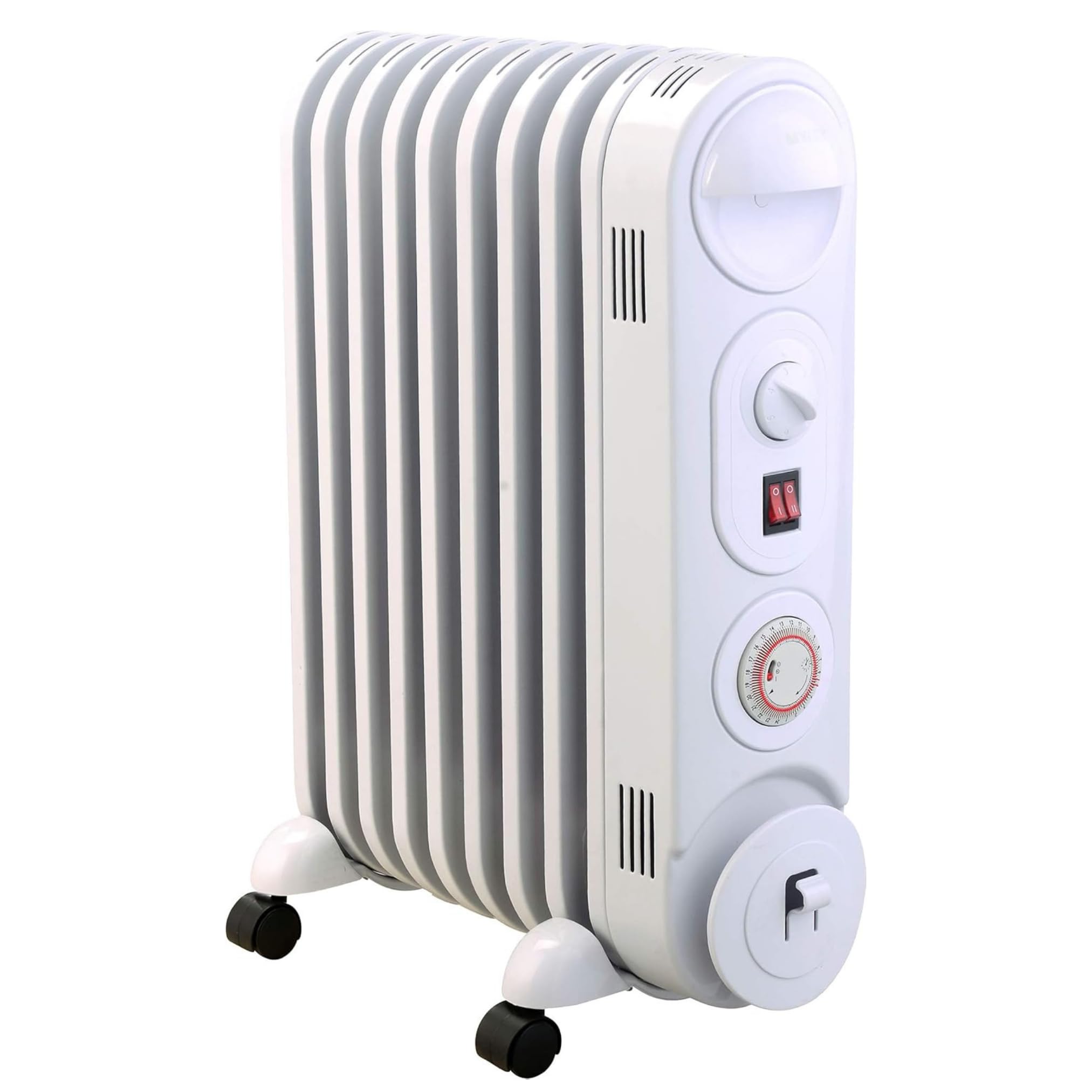 MYLEK Oil Filled Radiator Heater Electric, Portable 2KW White, Thermostat and 24hr Repeat Timer, 3 Heat Settings, Unique Safe Panel Fin Design (2000W White)
