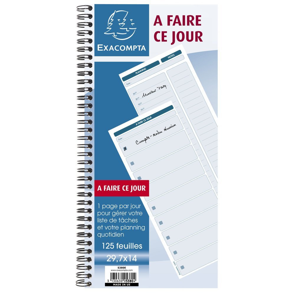 Exacompta - Réf. 5380E - 1 carnet spiralé "​A faire ce jour" - avec liste des tâches en page droite et planning horaire en page de gauche - 125 feuilles - format 297 x 140 mm - certifié PEFC