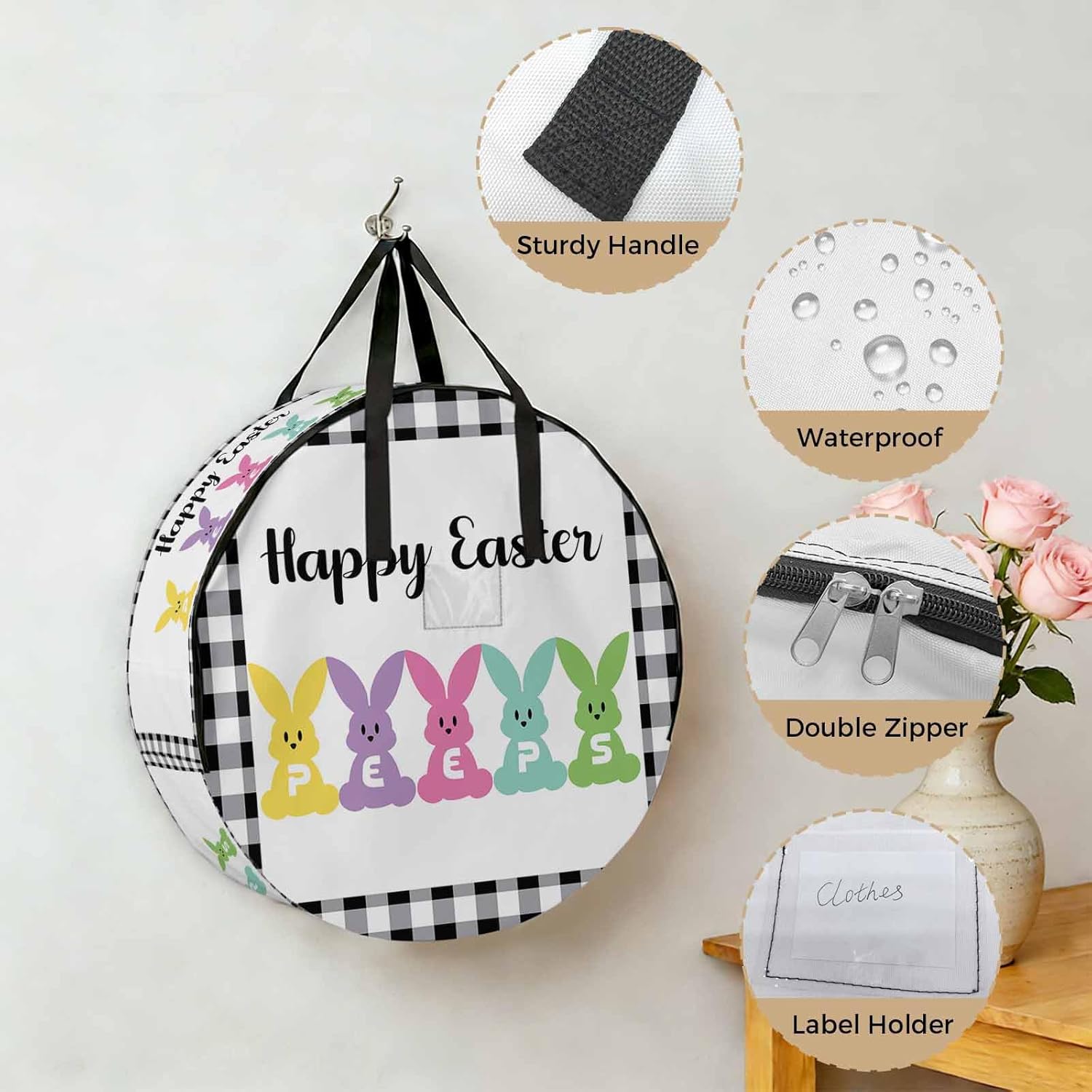 30 Inch Round Storage Bag 1 Pack,Happy Easter Colorful Bunny Peeps Waterproof Wreath Storage Container with Handles&Zipper Black and White Lattice Grid Closet Organizer Bags Garland Box