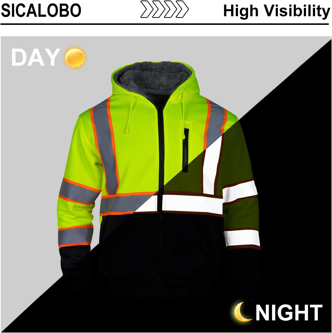 Men's High Visibility Fleece Lined Safety Hoodie,Reflective Winter Bomber Jacket,Hi Vis Construction Workwear - Image 4