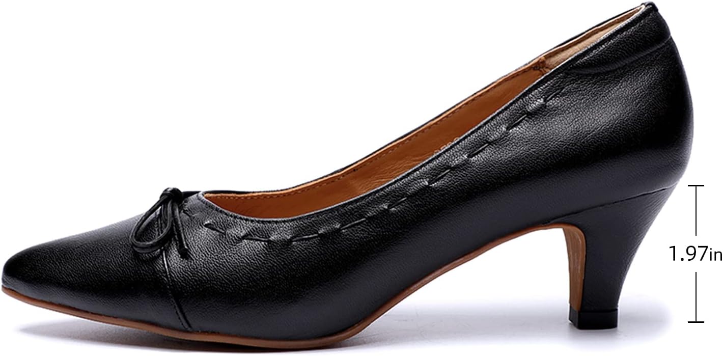 Mona flying Womens Leather Elegant Pointed Toe Bowknot Pumps Ladies Kitten Heels Dressy Casual Office Work Shoes