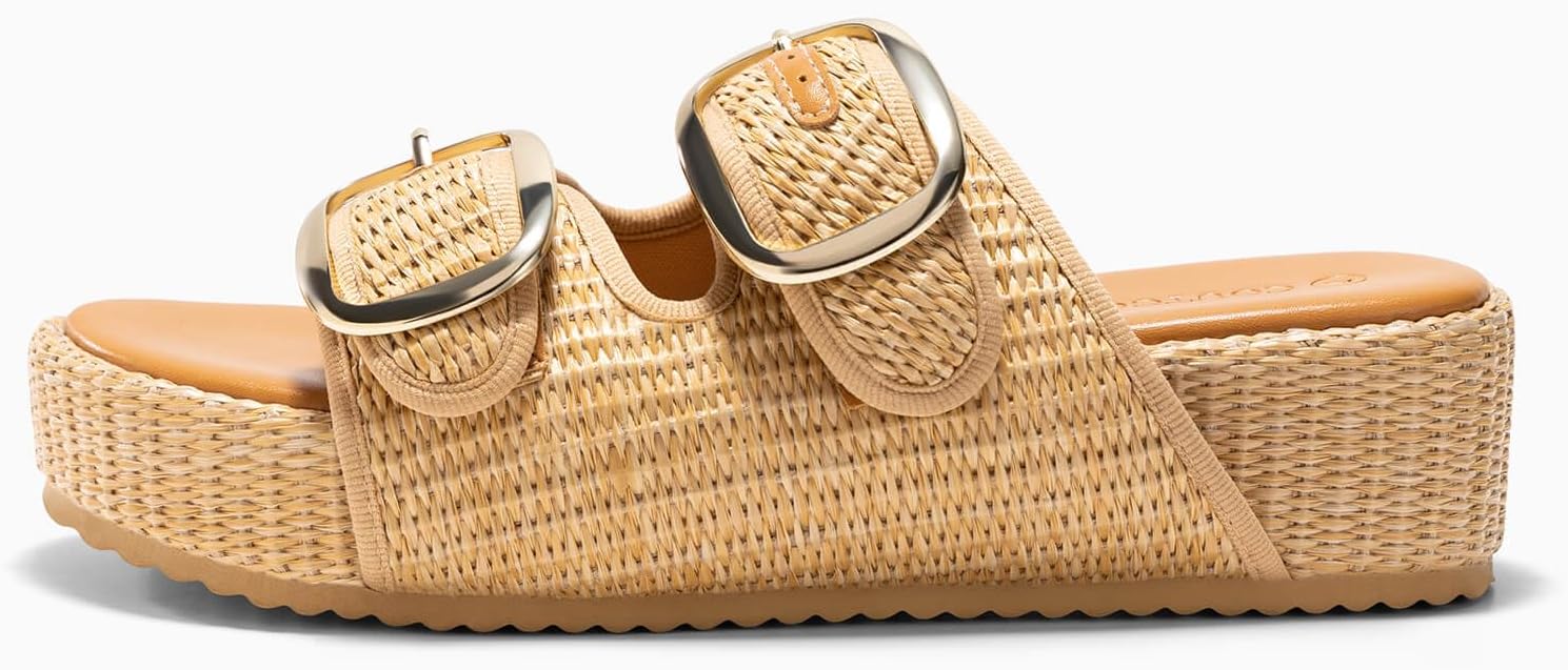 Coutgo Womens Platform Sandals Raffia Espadrilles Two Band Open Toe Slip On Slides Beach Vacation Shoes - Image 4