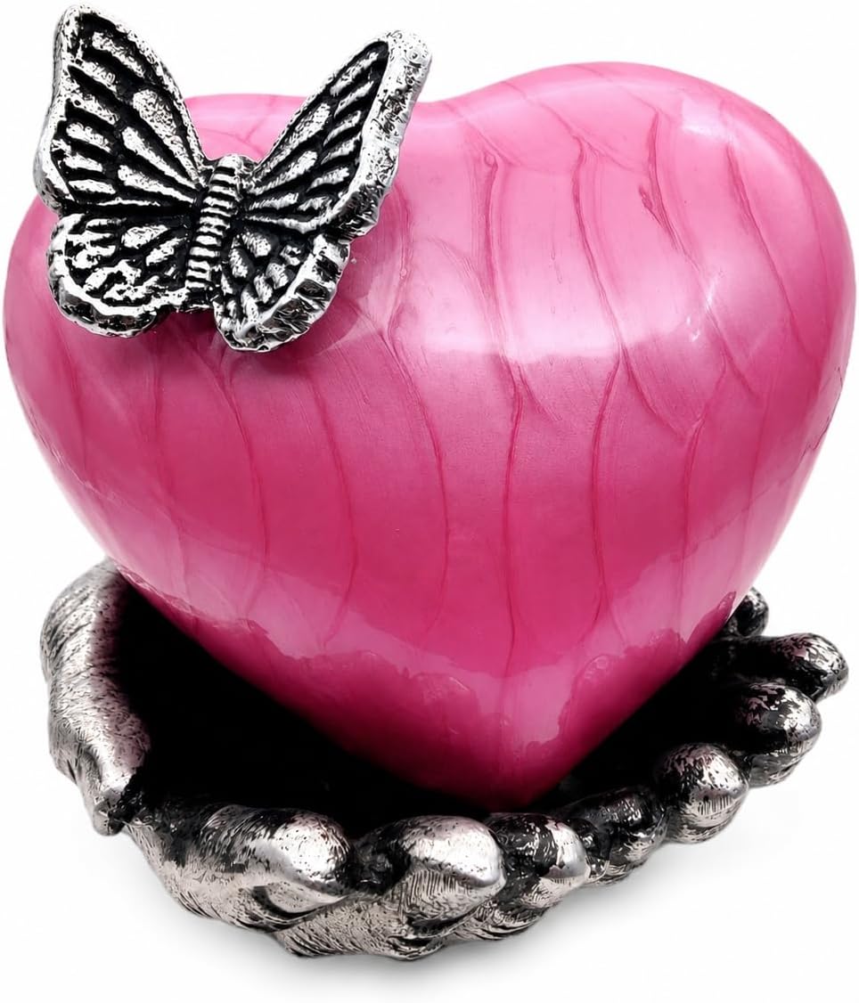 Pink Butterfly Heart Cremation Urn with Hand Stand