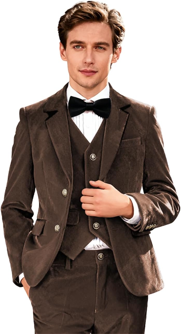 Mens Velvet Suit Slim Fit Dress Suit Set 3 Piece Formal Tuxedo Notch Lapel Blazer Dinner Party Vest Pants