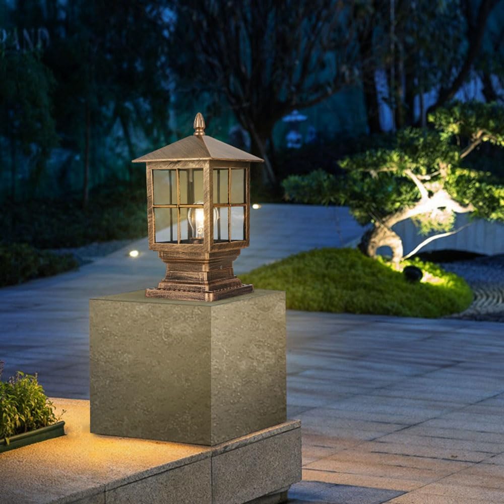 Modern Lawn Pillar Light Outdoor Waterproof Floor Lamp Outdoor Column Lamp E26 Glass Shade Fence with Pillar Mounting Base, for Yard, Garden, Patio
