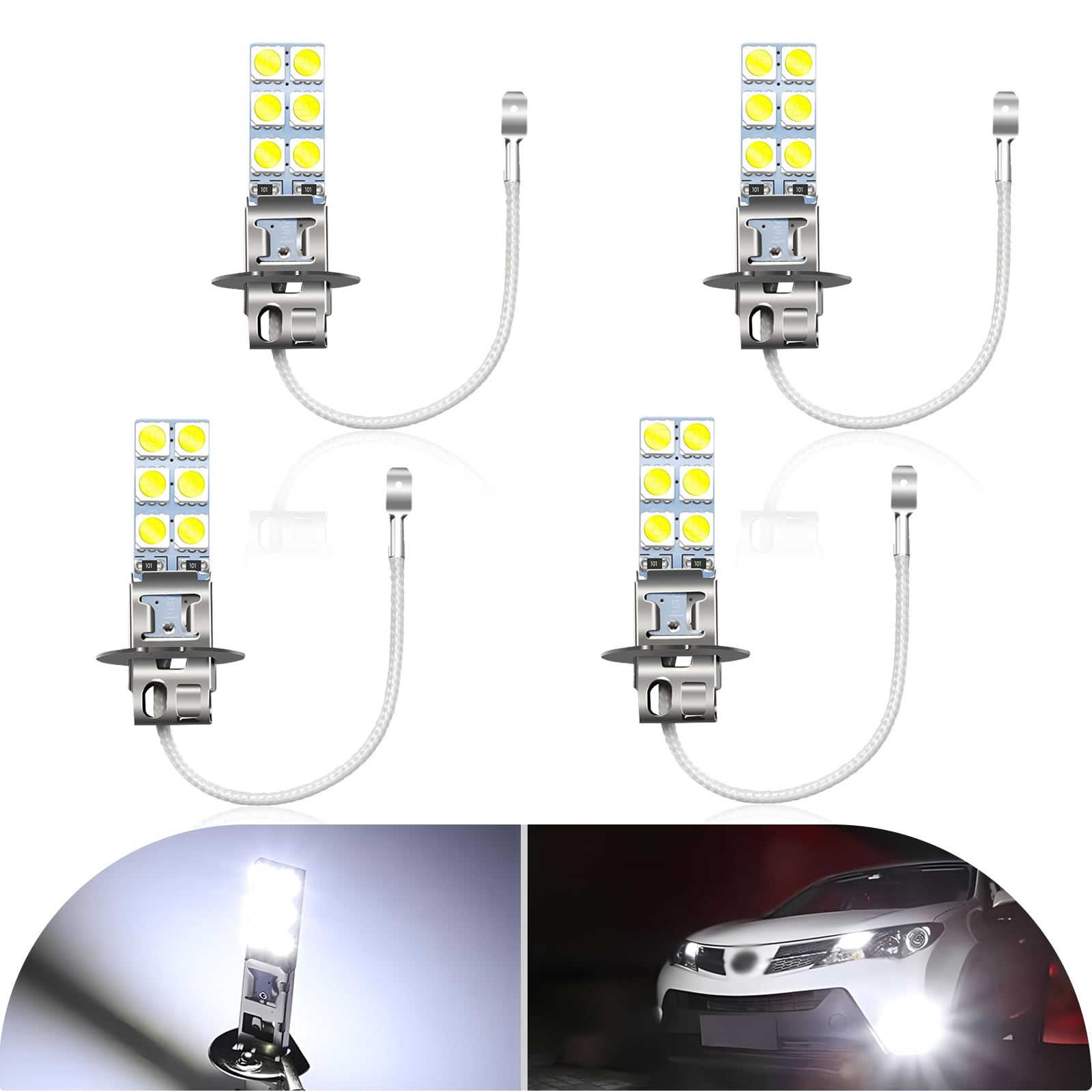 4 PCS H3 Car LED Fog Light, 62mm x 11mm 5050-12SMD 12V AC 55W 6000K Highlight Fanless Design Bulb, Automotive Plug-and-play Lighting Accessories, Compatible with Most Car Models (White)