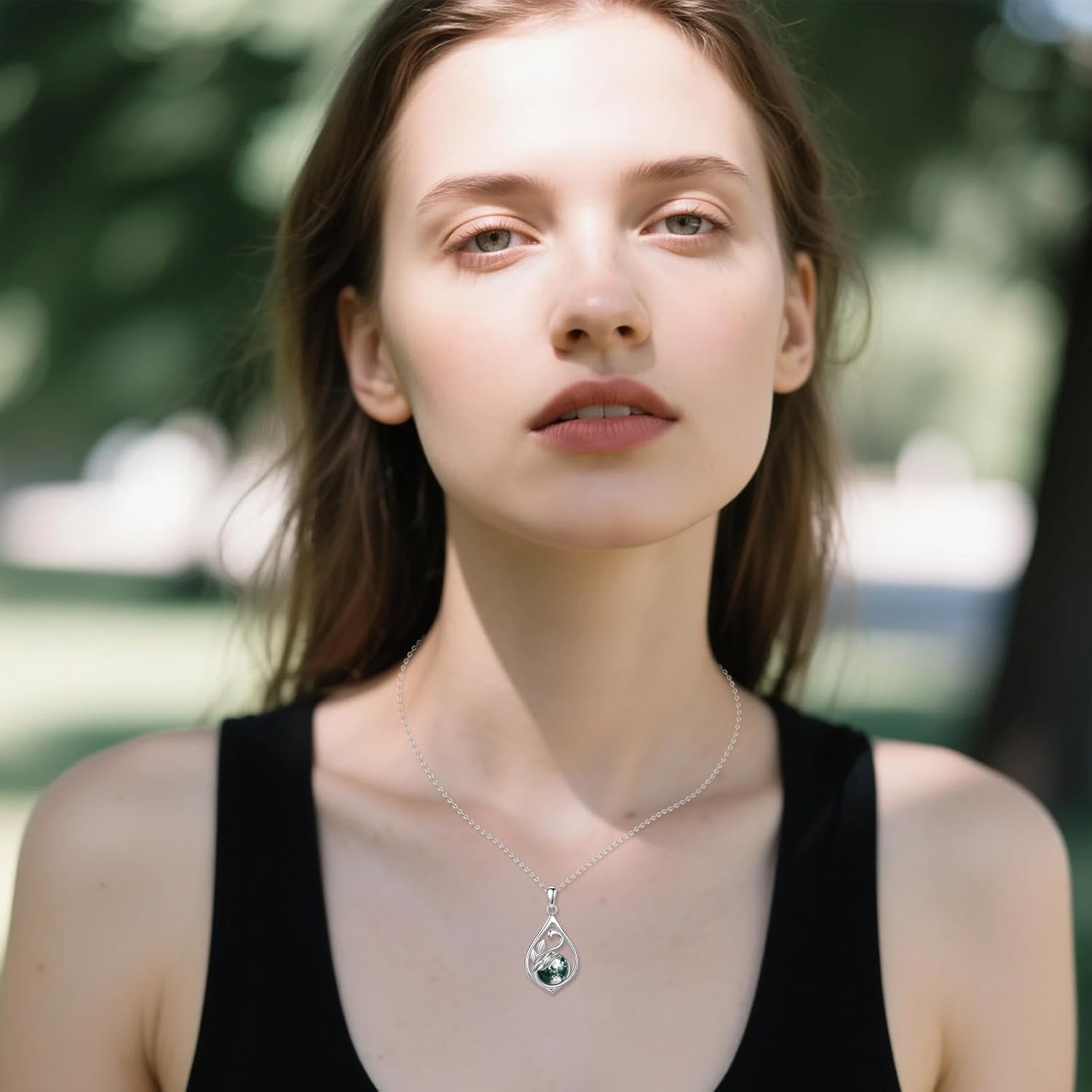 Sterling Silver Moss Agate Women's Pendant Necklace Round Moss Agate Bohemia Necklace Pendant Jewelry Gift for Women Birthday Valentine's Day Christmas - Image 3