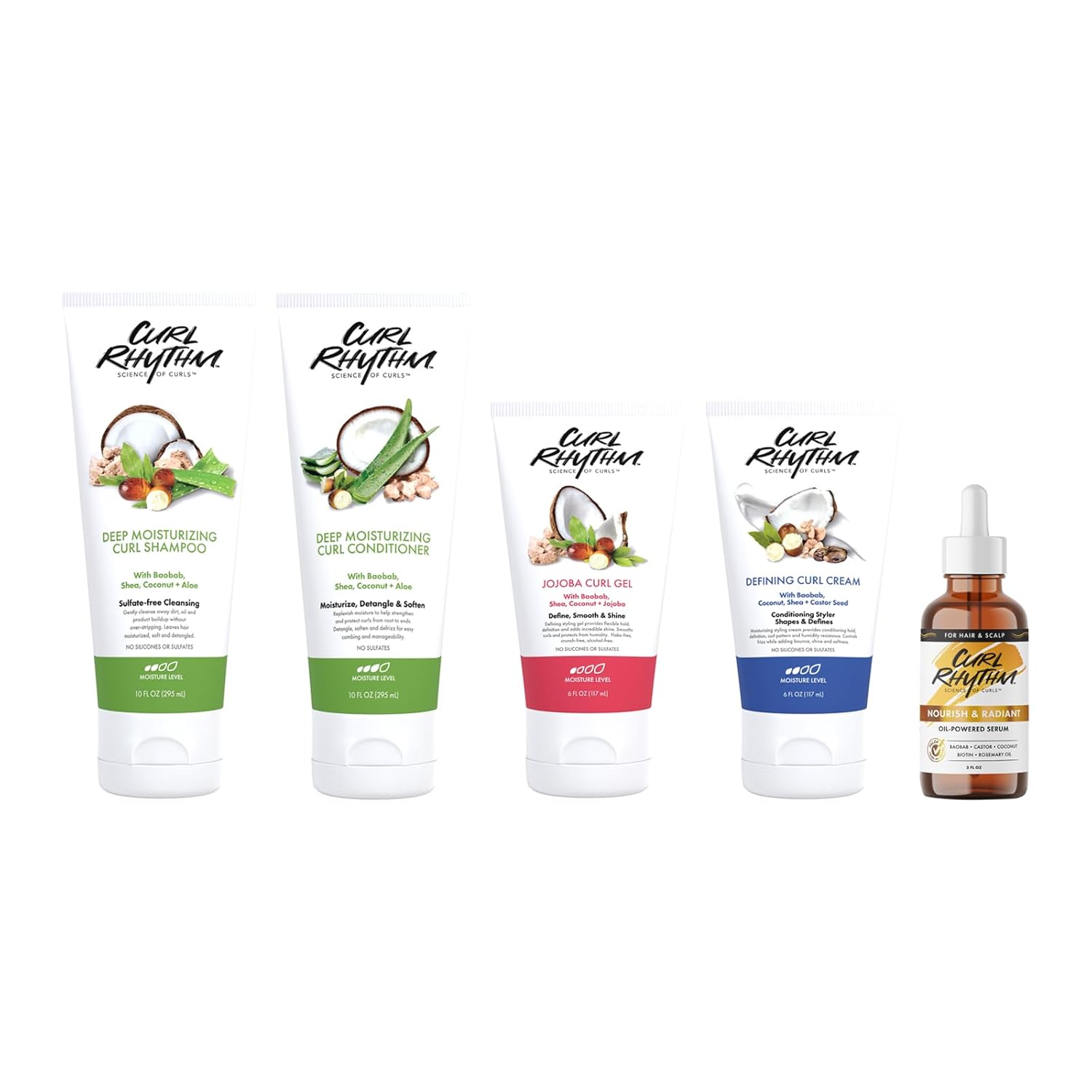 Curl Set - Shampoo, Conditioner, Serum, Gel, Cream - Moisturizing, Detangles, Softens, Strengthens Curls - With Baobab Oil, Shea Butter, Coconut, Aloe - 5 pc