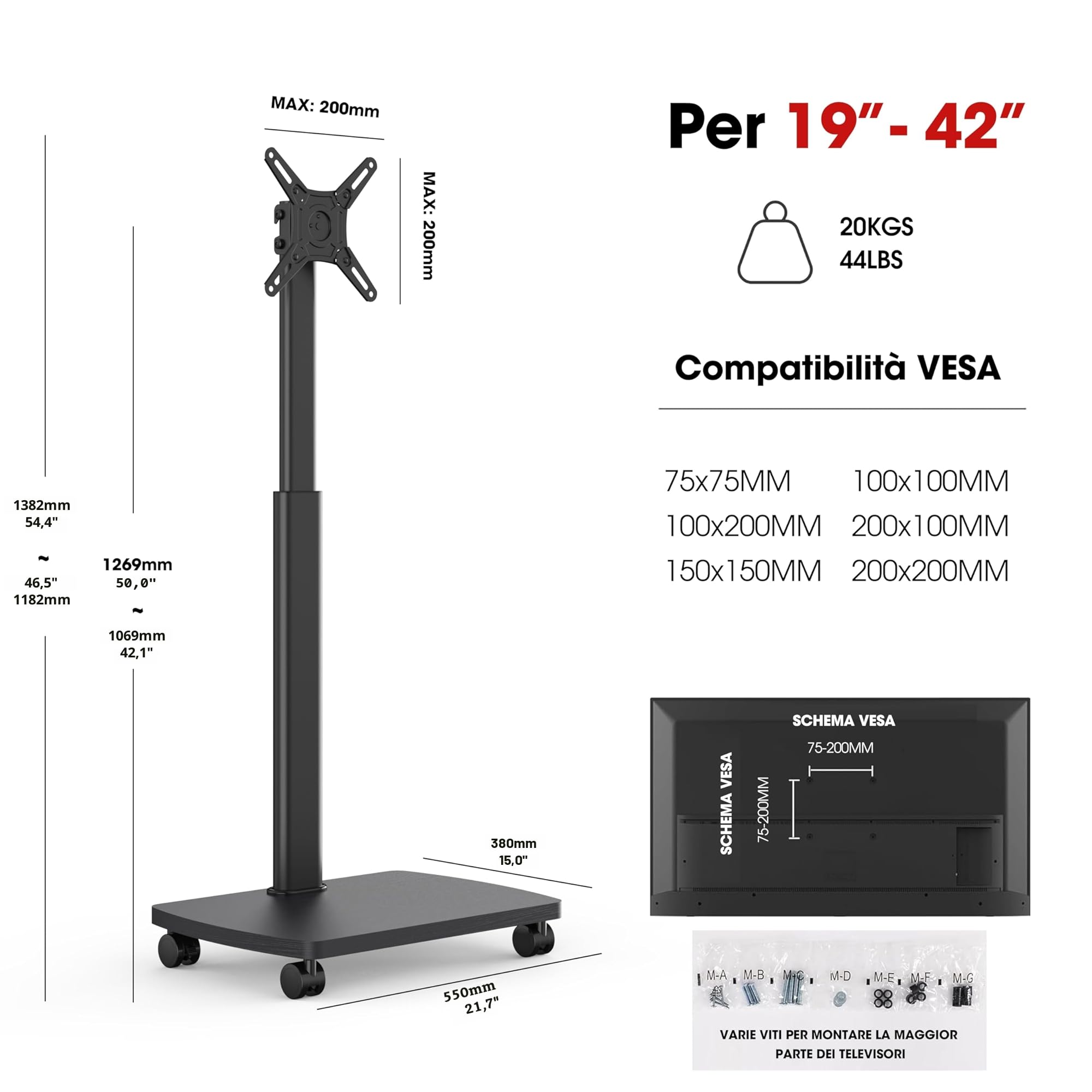 AOKCOS Supporto TV da Pavimento Orizzontale e Verticale per 19-42 Pollici, Carrello Porta TV con Ruote Base in Legno, Inclinazione & Girevole, fino a 20 kg max. VESA 200×200 mm Nero
