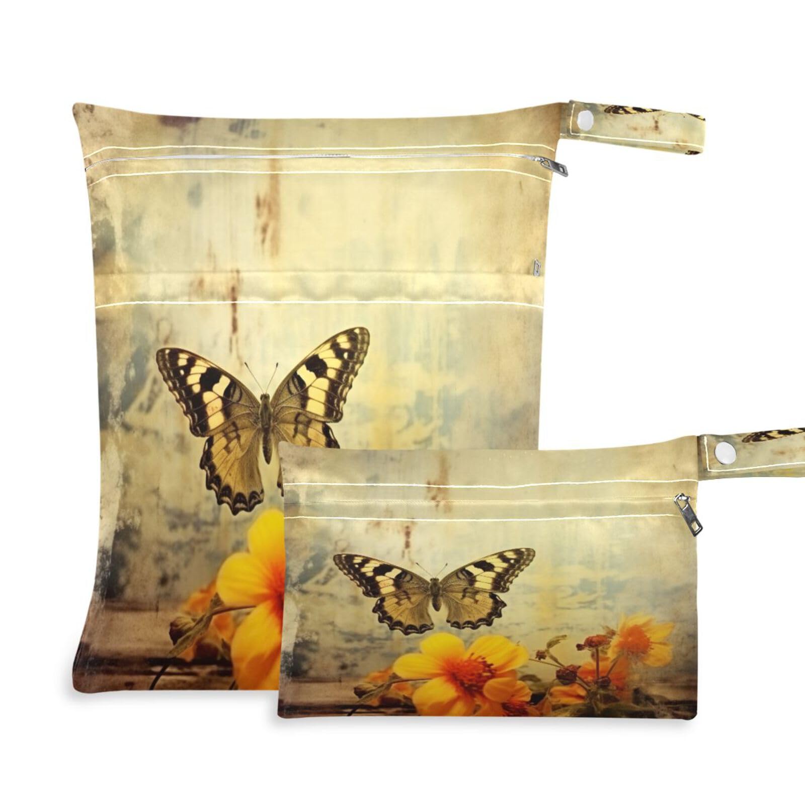 ATTX Vintage Butterfly Wet Dry Bags 2-Pack - Reusable Cloth Diaper Storage for Travel, Beach & Gym | Multi-Use Waterproof Bags for Swimsuits, Baby Clothes, Sports Gear#176